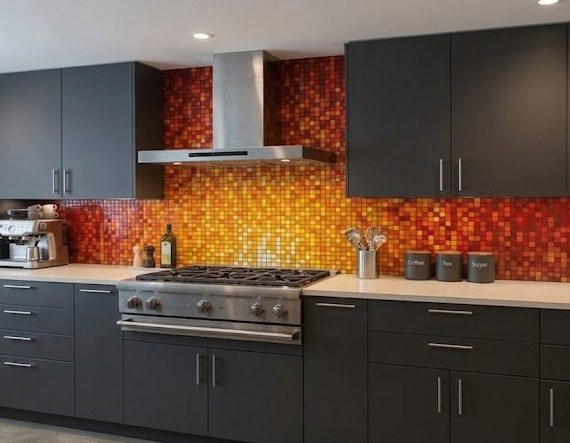 Warm sunburst mosaic backsplash visualized in a kitchen