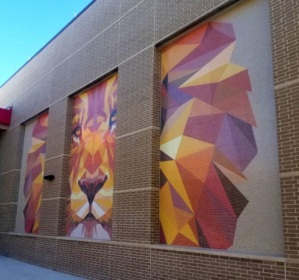 Completed school lion mosaic mural