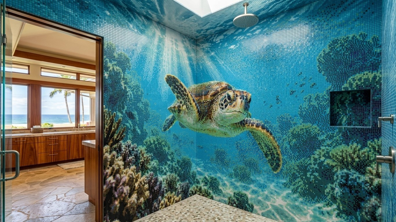 Sea turtle mosaic picture mural visualized in a shower