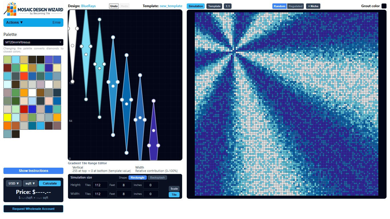 Actual Mosaic Design Wizard interface showing Blue Rays mosaic