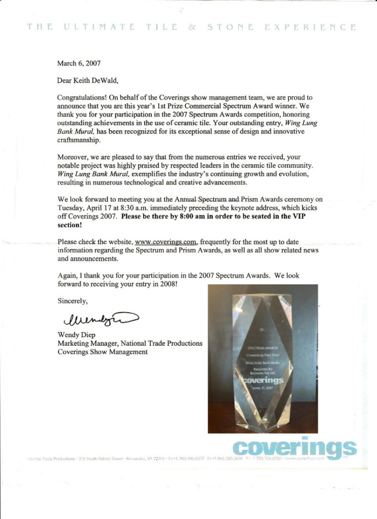 Coverings letter notifying Keith DeWald of Becoming Tile of the 2007 1st Prize Commercial Spectrum Award