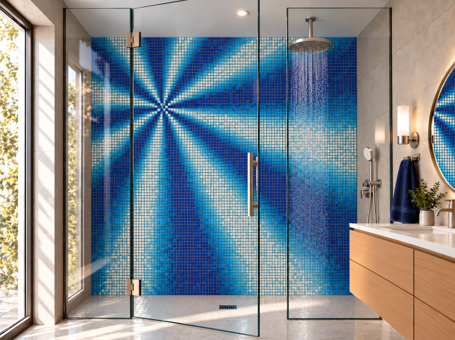 Blue radial mosaic design visualized in a modern bathroom
